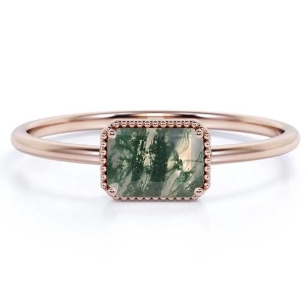 Vintage S925 Sterling Silver Rose Gold Plated Jewelry Green Moss Agate Raw Ring