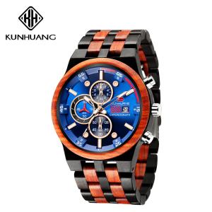 Quality Man Blue Dial Stripes Wooden Quartz Watch Business Wristwatch Water Proof 1020-2 wholesale