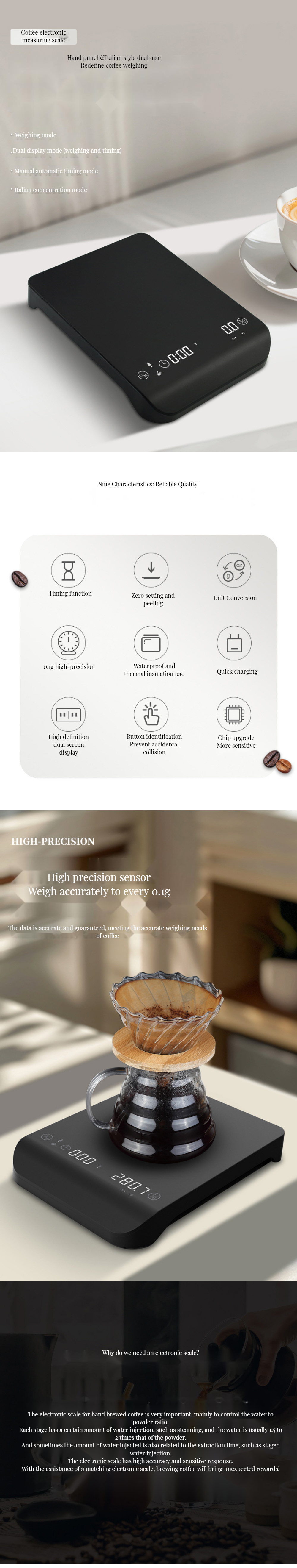 3kg/0.1g Rechargeable Digital ABS Coffee Scale with Timer High Precision and Stocked