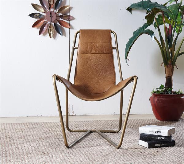 Unique Shape Leather Leisure Chair Matt Gold Finish Iron Frame With Leather