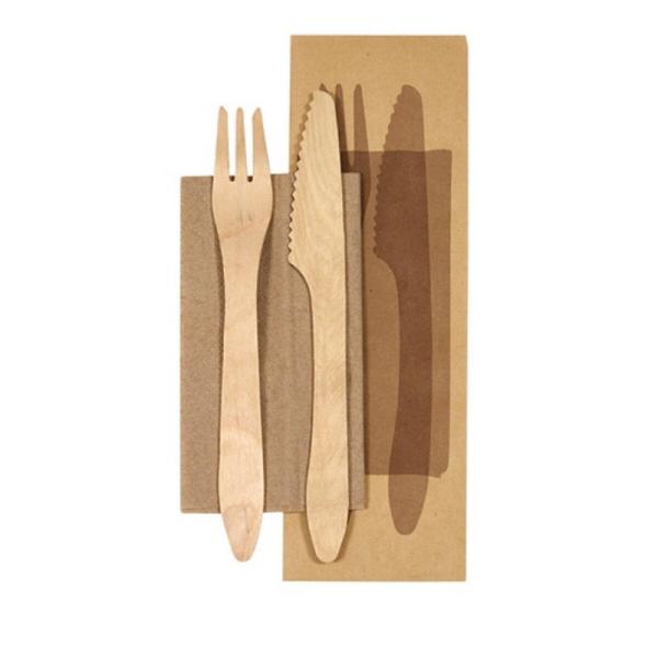 190Mm Disposable Biodegradable Wooden Knife Fork Napkin Cutlery Set Kraft Paper