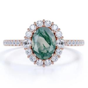 Quality Unique S925 Rose Gold Plated Round Cut White CZ Jewelry Natural Moss Agate Rings Top Quality Design Factory Ring wholesale