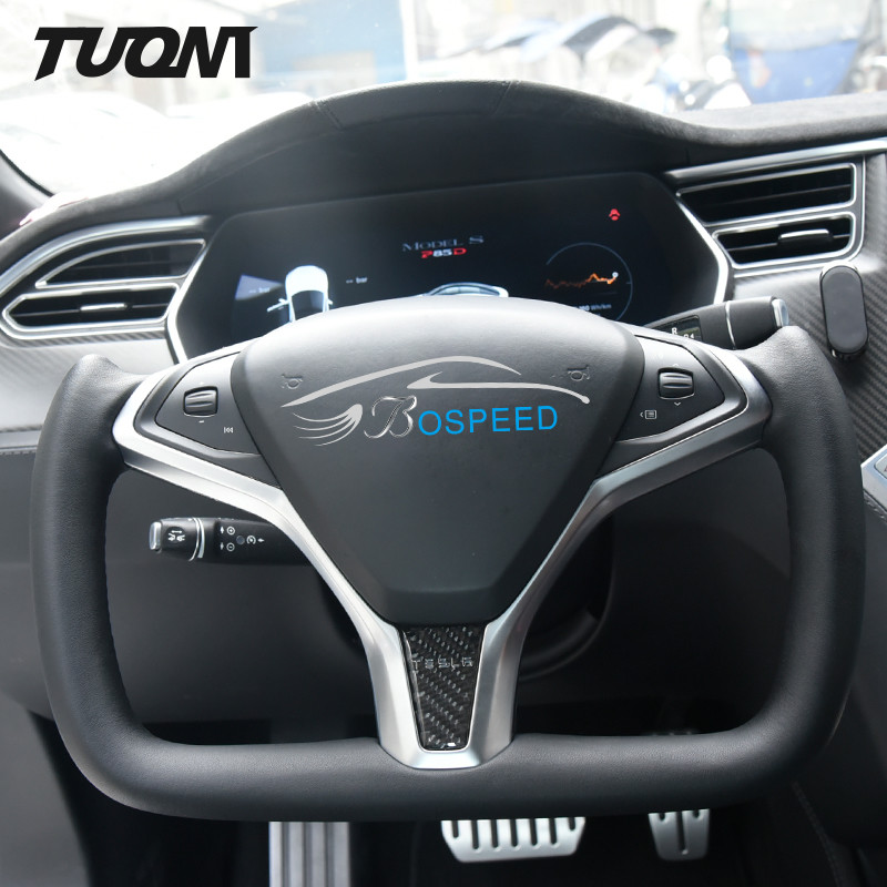 Leather Tesla Carbon Fiber Yoke Steering Wheel Ergonomic Grip