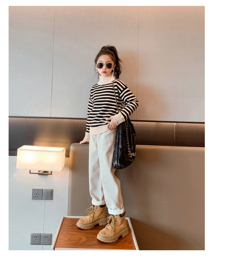 Medium Sized Childrens Winter Clothes Striped High Collar Sweater Set With Velvet