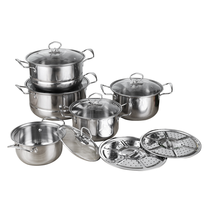 Glass Lid Stainless Steel 410 Cookware Set 12pcs Steamer Food Cooking Soup Pot