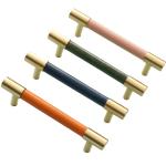 5 Inch Real Leather Handles Cabinet Brass T Bar Pulls Pink Single Hole Knobs