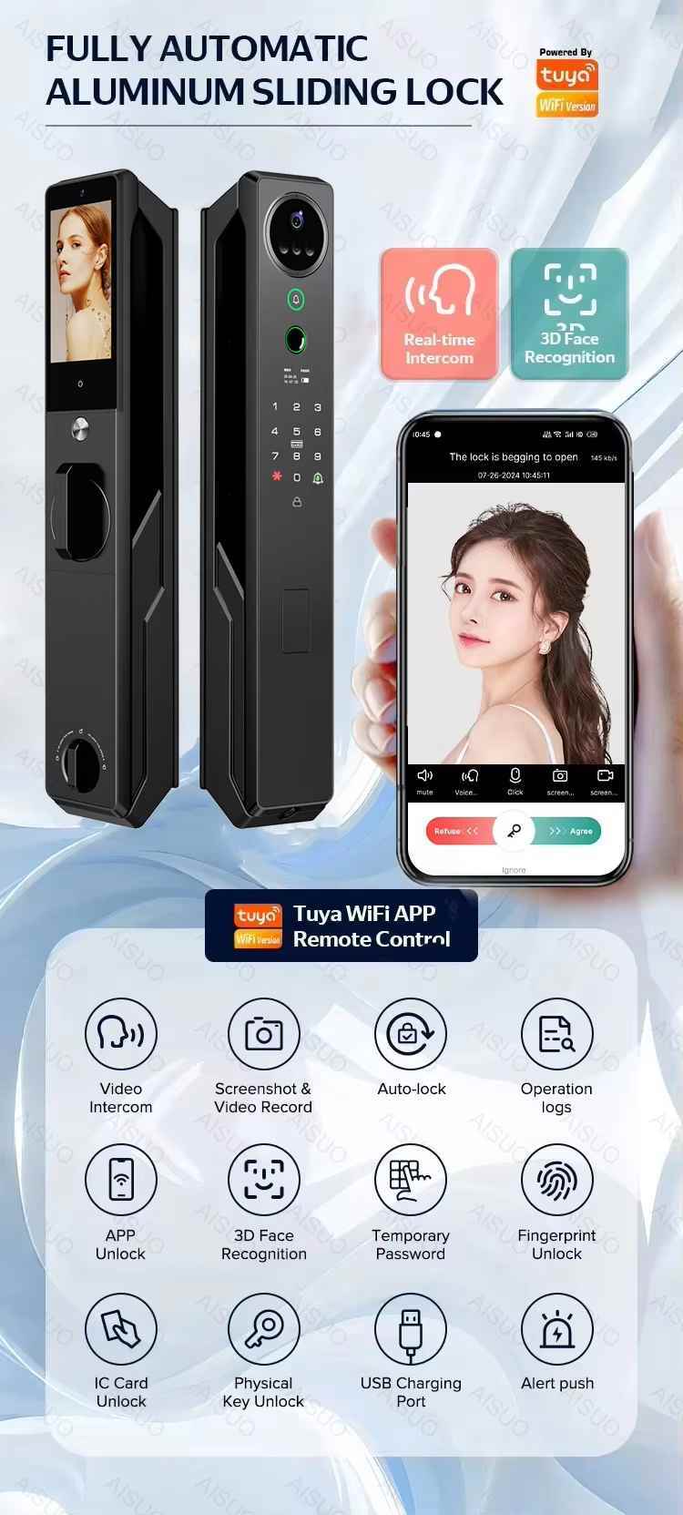 Intelligent Lock Door Tuya Smart With Fingerprint Face Recognition Door Lock