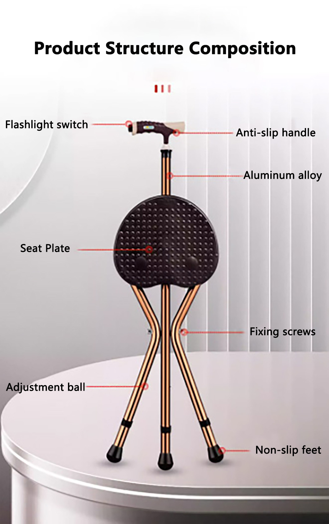 Medical Handicapped Portable Walking Stick Seat 3 Legs Home Nursing