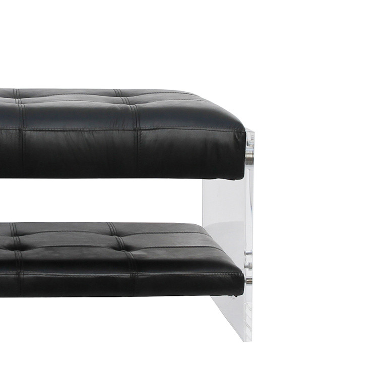 Antique Ottoman Footstool L101cm Black Leather Bench With Acrylic Legs