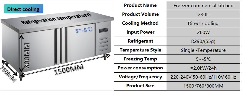 Thermal Insulation Commercial Restaurant Freezer 330L 2 Door Undercounter Freezer