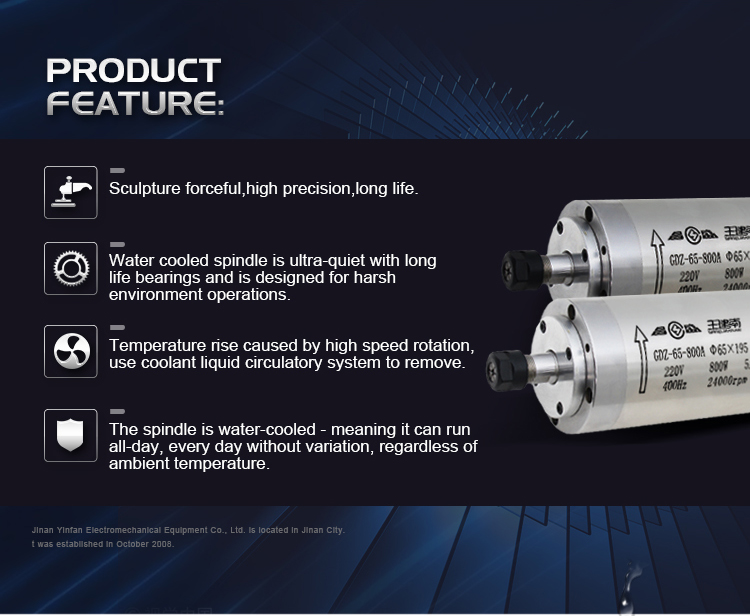 High Frequency Water Cooled Spindle Motor 0.8kW ER11 Collect 400HZ 24000rpm GDZ65-800