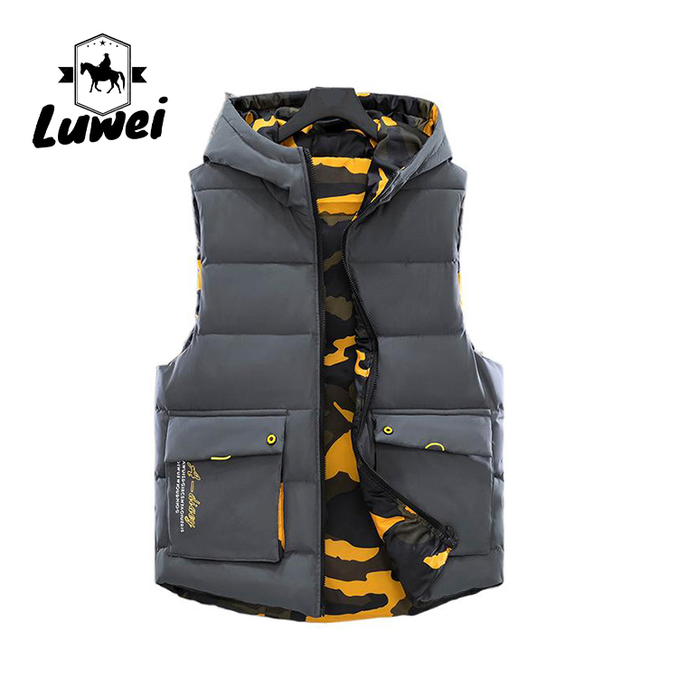 Zipper Up Cold Weather Vest Sleeveless Reversible Hooded Cotton Padded Vest