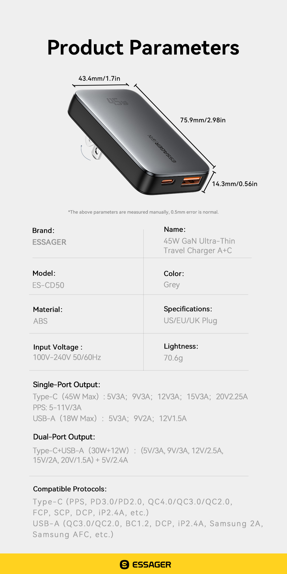 ESSAGER ES-CD48 Series 2 Ports 45W Type C Quick USB Fast Charger