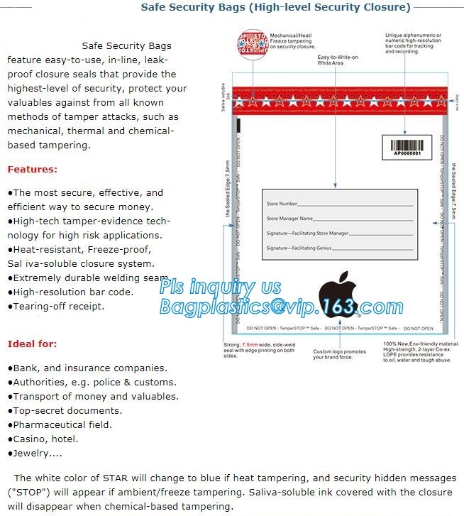 Opaque Tamper Evident Sealing Plastic Bank Money Steb Security Bag / Custom Self Adhesive Plastic Courier Bag, bagease