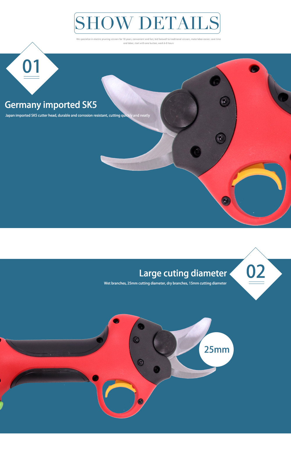2.5CM Battery Orchard Pruer Long Time Use 14.4V Cordless Battery Powered Electric Pruners Shears Scissors for Pruning