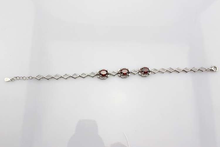 Sterling Silver 6x8mm Created Garnet and Clear Cubic Zircon Link Tennis Bracelet (H012)
