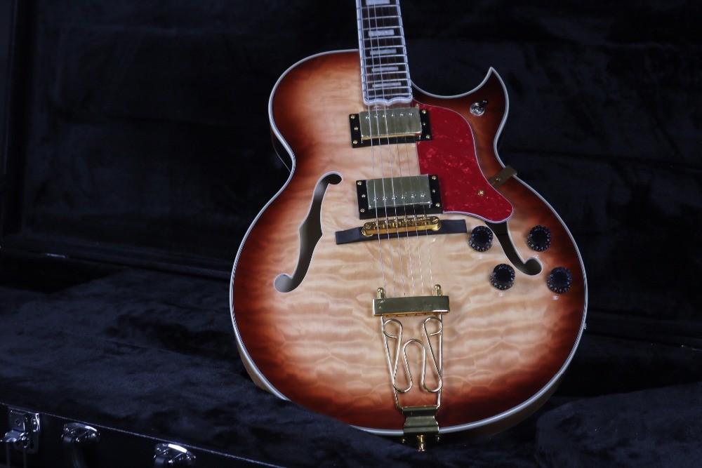Top Quality Stock Full Hollow Body 41'' Electric Guitar Small Gold Hardware Black Color