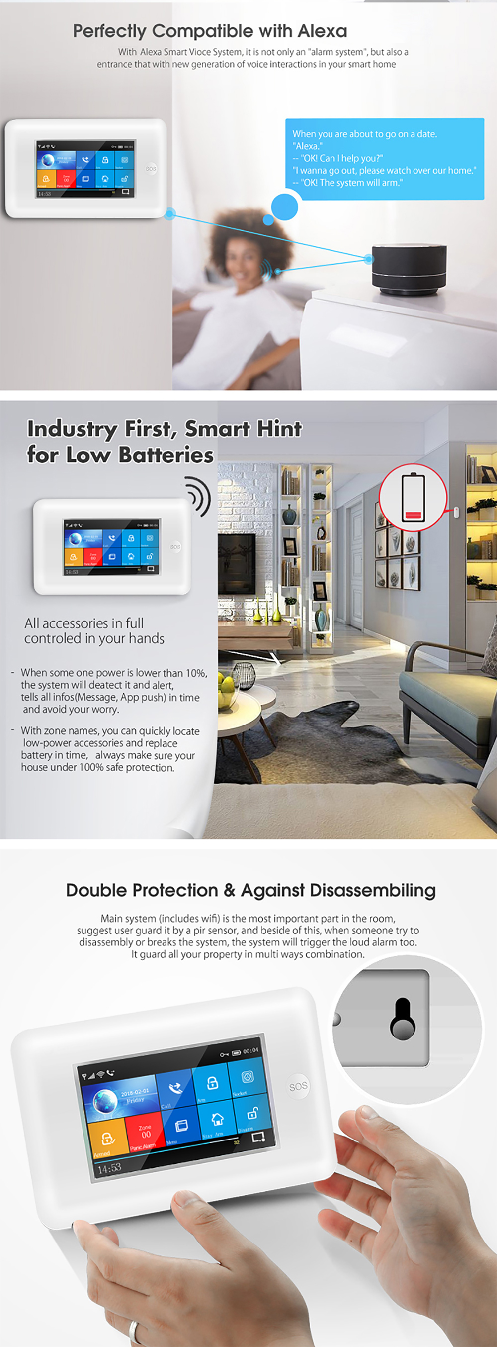 433Mhz WIFI GSM Alarm System 1900mHA Smart Alarm Sensor Touch Screen
