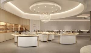 Quality Wall Mounted Jewelry Showcase Display With LED Light Irregular Golden Jewelry Display Cases wholesale