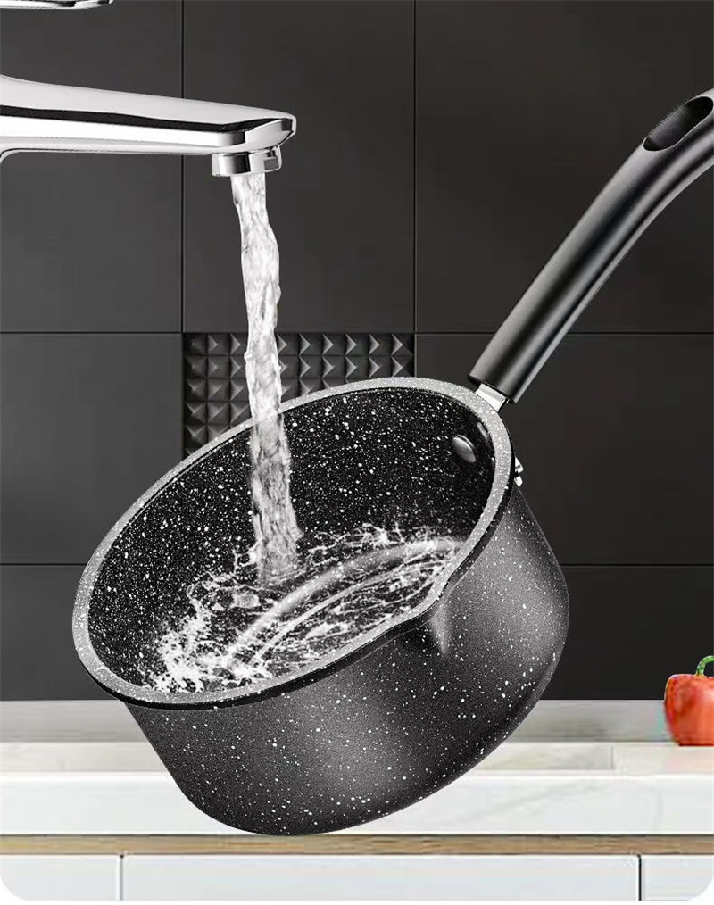 Wholesale 16cm Non Stick Granite Maifan Stone Classic Kitchen Soup Pot Black Milk Pot Sauce Pan With Glass Lid