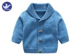 Quality Soft Shawl Collar Kids Knitted Cardigan , Boys Blue Cardigan Sweater Fake Horn Wood Button wholesale
