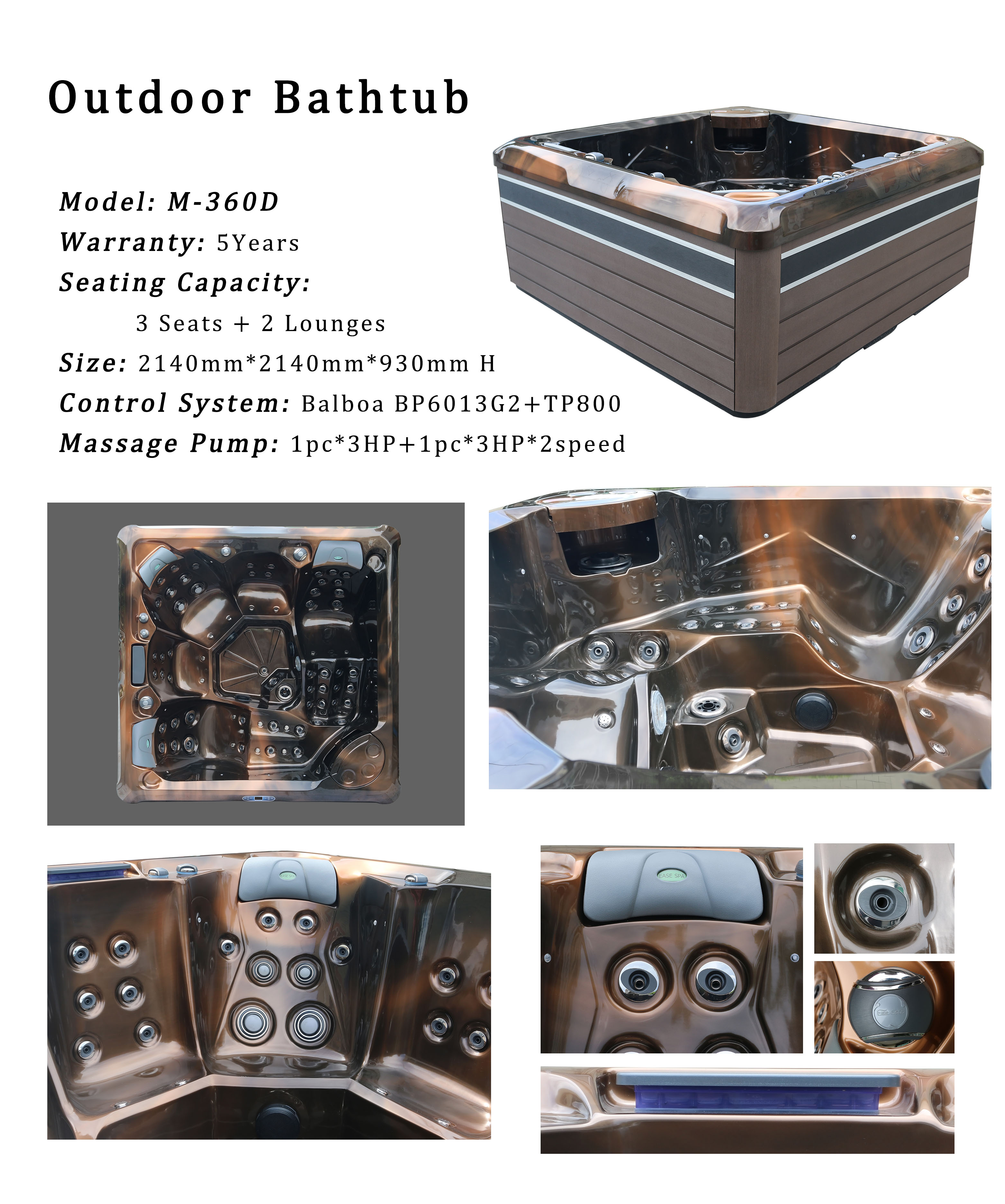 M-360D Outdoor American Acrylic Massage Spa Tub With Jacuzzzi Function For 5 Persons