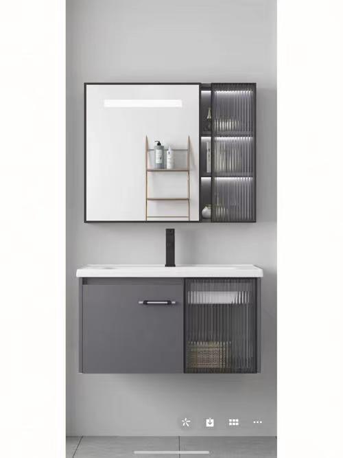 Solid Wood Door Material Sliding Bathroom Mirror Cabinet With Light Handle-Free Design