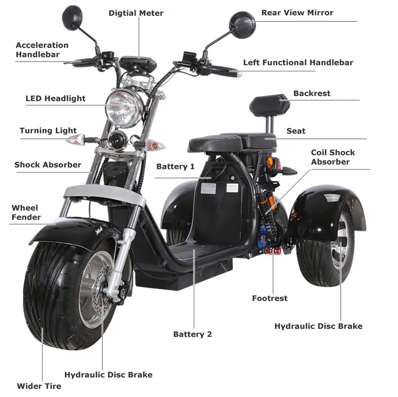All Terrain 3 Wheel Electric Scooter 2 Seater 3000W EEC COC