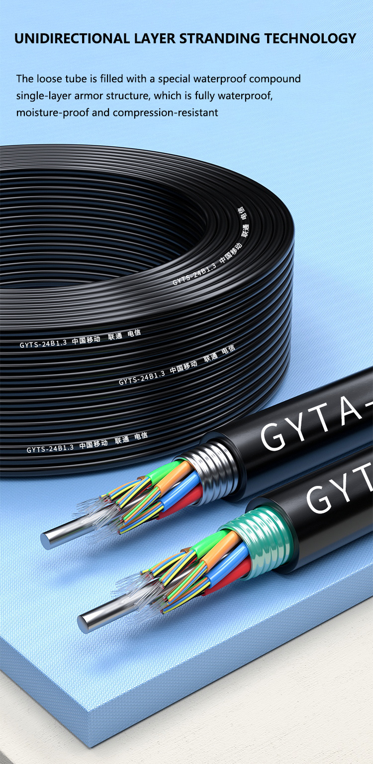 Outdoor Duct and Conduit Customized 2-288 Cores SM MM Armoured GYTS Fiber Optic Cable