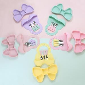 Quality Baby Geschirr Weaning Silicone Tableware Set Bib Plate Stainless Steel Spoon Knife Fork wholesale