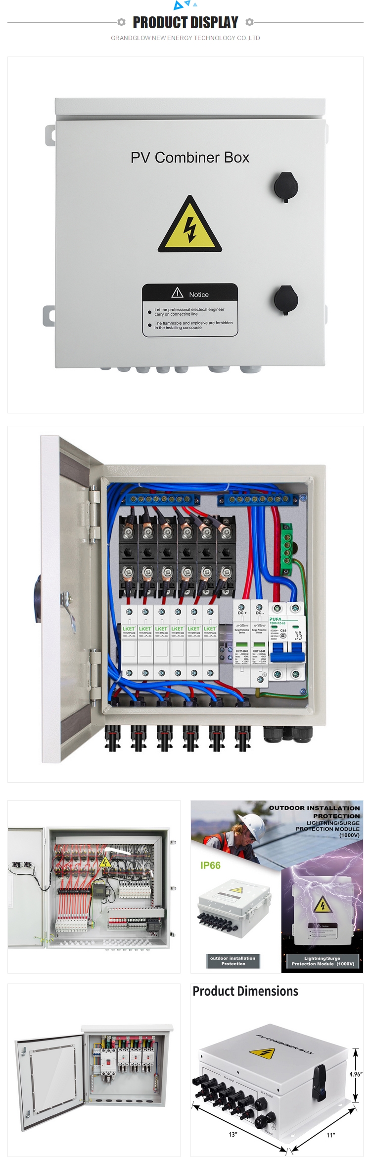 16 in 1out 1000vdc Panel Qibu 1kw 2kw 3kw 5kw 10kw Input Pv Combiner Solar Junction Box for lightning surge protection