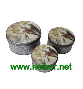 Quality Vintage look antique finish round galvanized tin box set with label wholesale