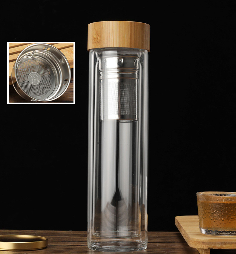 Custom Logo Leak Proof Double Wall Tea Infuser Bottle Double Insulated Glass Water Bottle With Bamboo Lid 350ml/400ml/450ml Reusable Eco Friendly