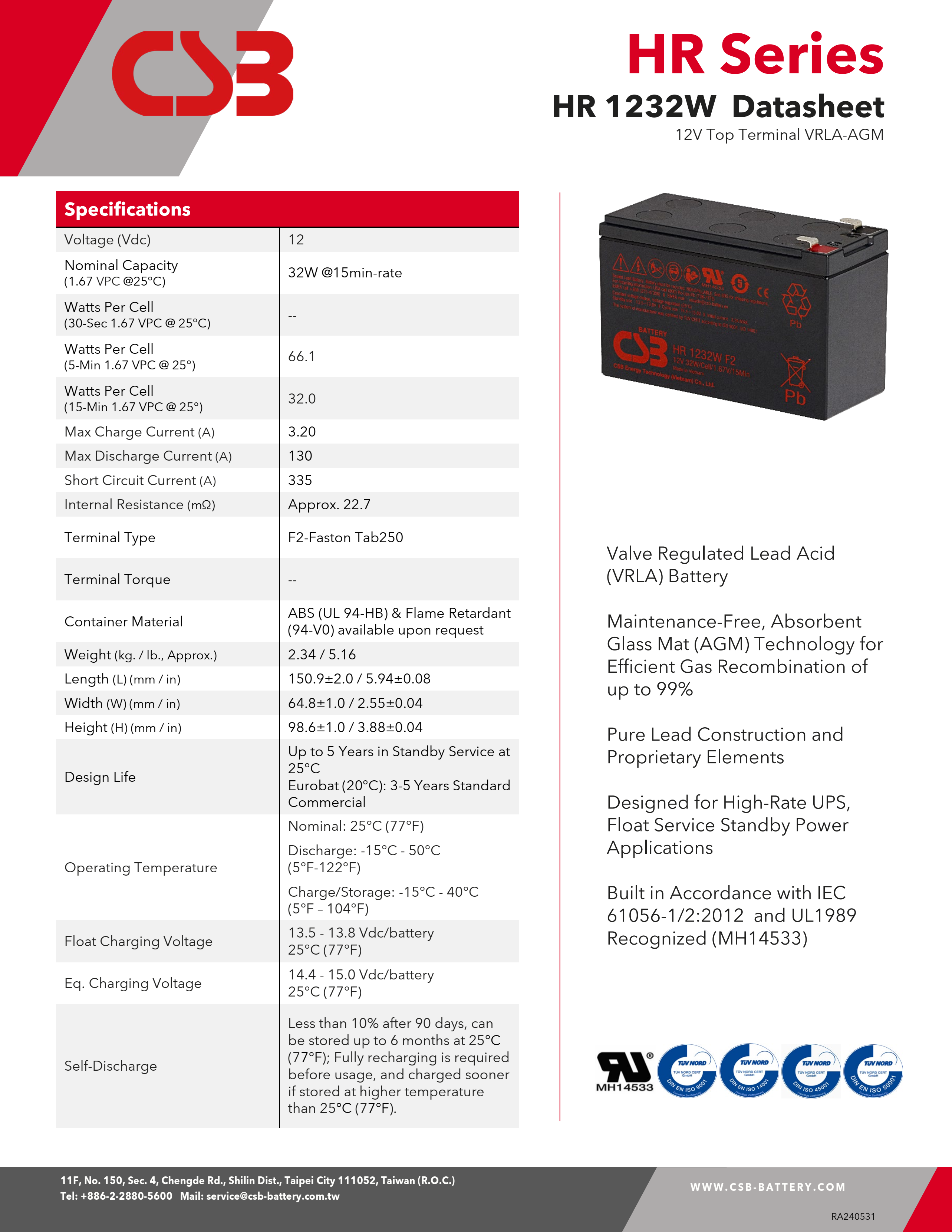 CSB Battery HR1232W 12V 32W Rechargeable Maintenance-Free Lead Acid AGM Battery