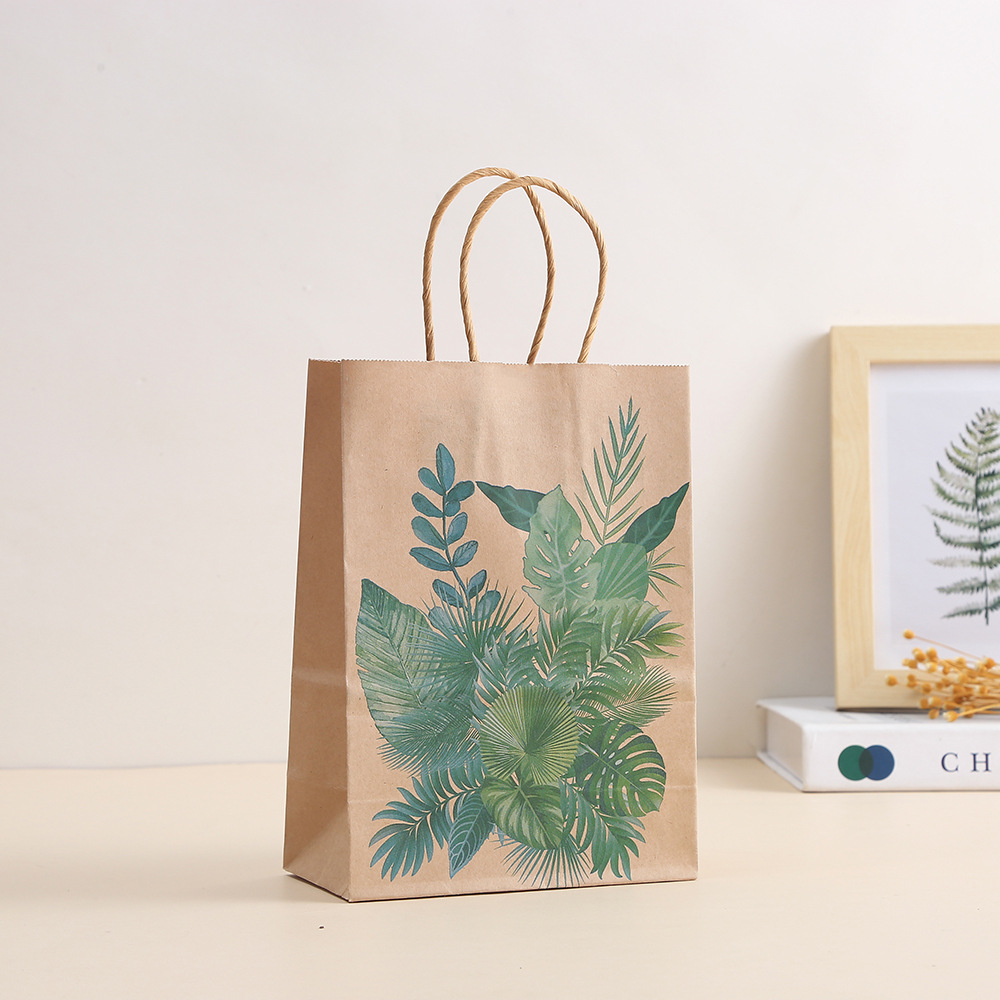 Gravnre Printing Green Plant Paper Bag for Food Snacks Packaging Mori Party Gift Bag