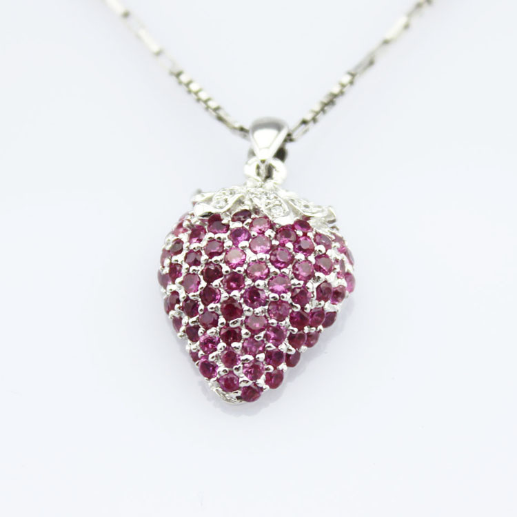 925 Sterling Silver Created Garnet Strawberry Pendant Necklace (P31)