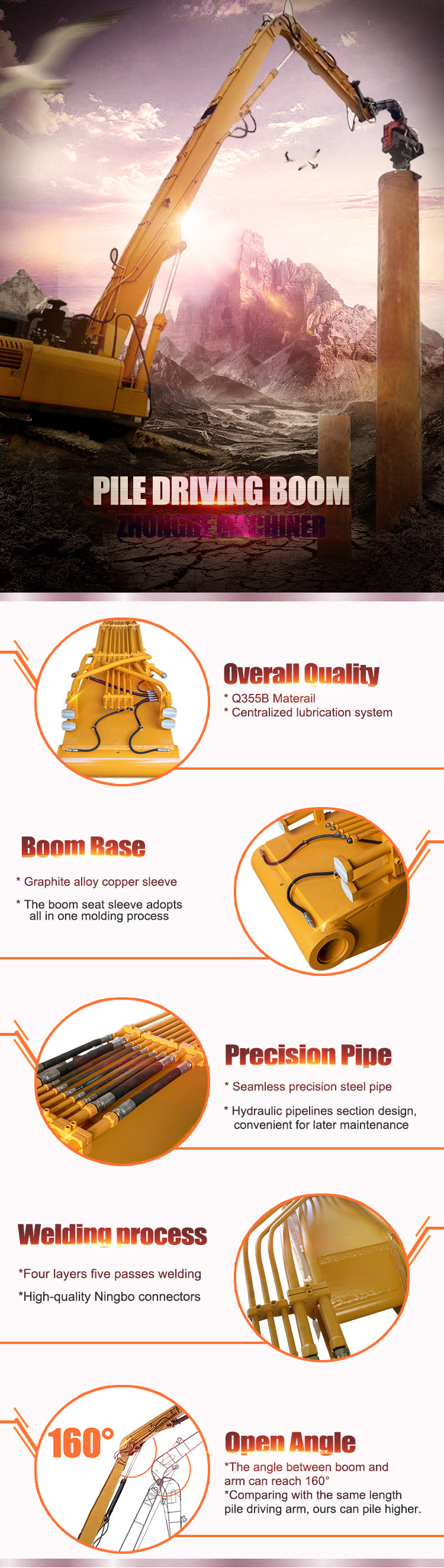 Customized Excavator Piling Boom Arm Sheet Piling Attachment For Construction Work