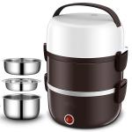 220V Portable Lunch Box Cooker Three Layers Stainless Steel Dark Brown OEM