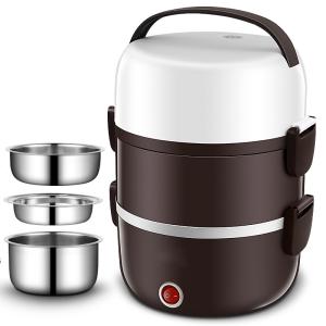 Quality 220V Portable Lunch Box Cooker Three Layers Stainless Steel Dark Brown OEM wholesale