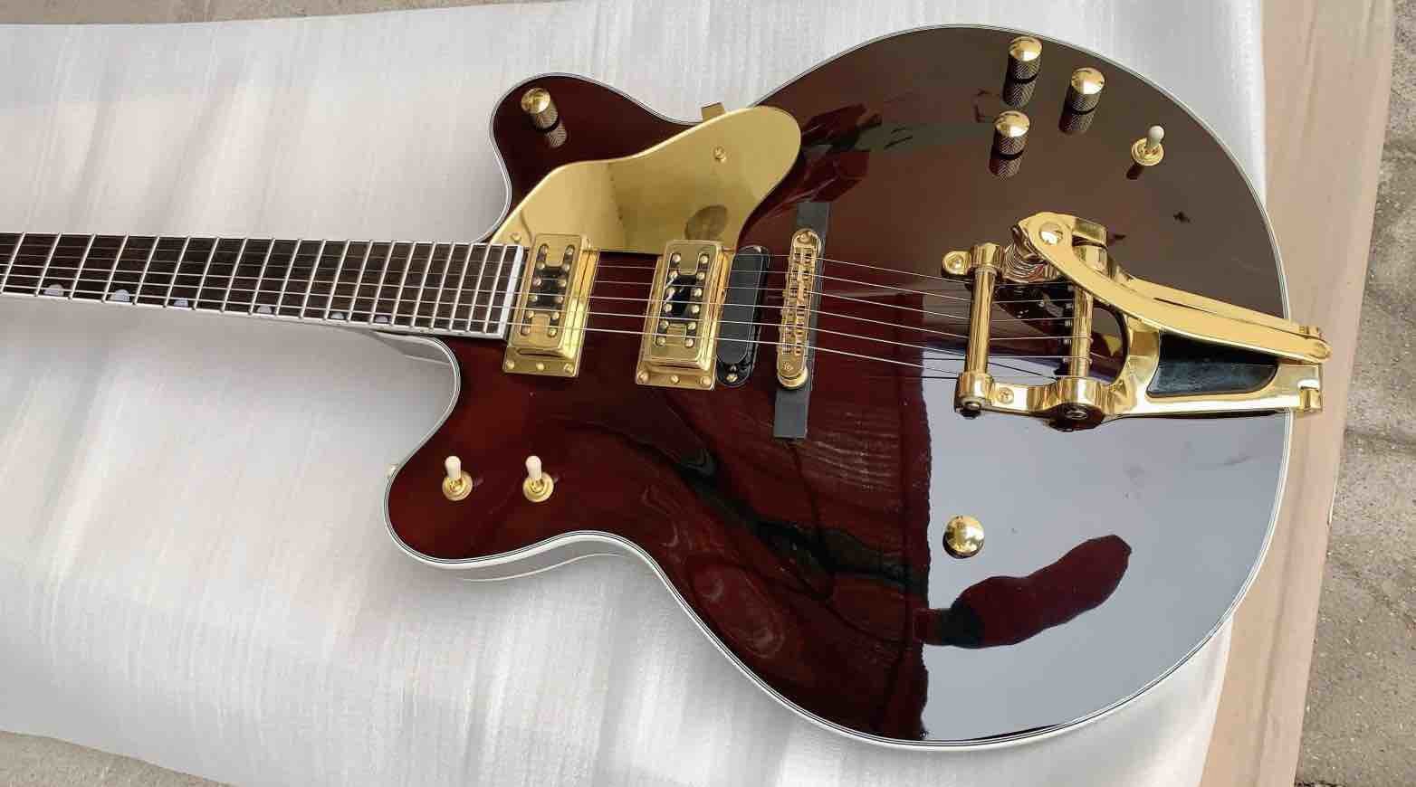 Manufacturer custom made hot semi hollow jazz electric guitar gold hardware in Wine Brown color Free Shipping