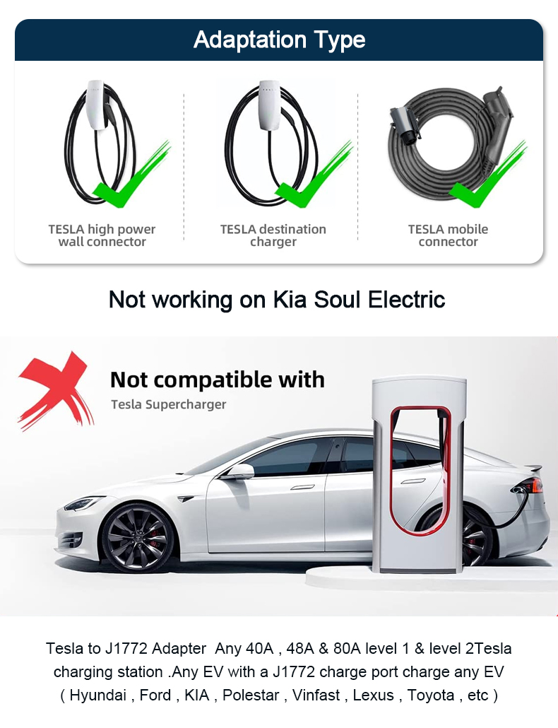 20KW Rated Power Black and Silver Tesla to Type 1 J1772 EV Charger Connector Adapter for Engergy Electric Car Charging