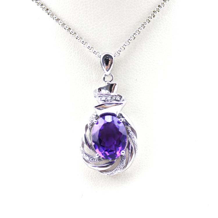 Sterling Silver Chain Necklace with 8x10mm Oval Amethyst Cubic Zircon Pendant (P45)