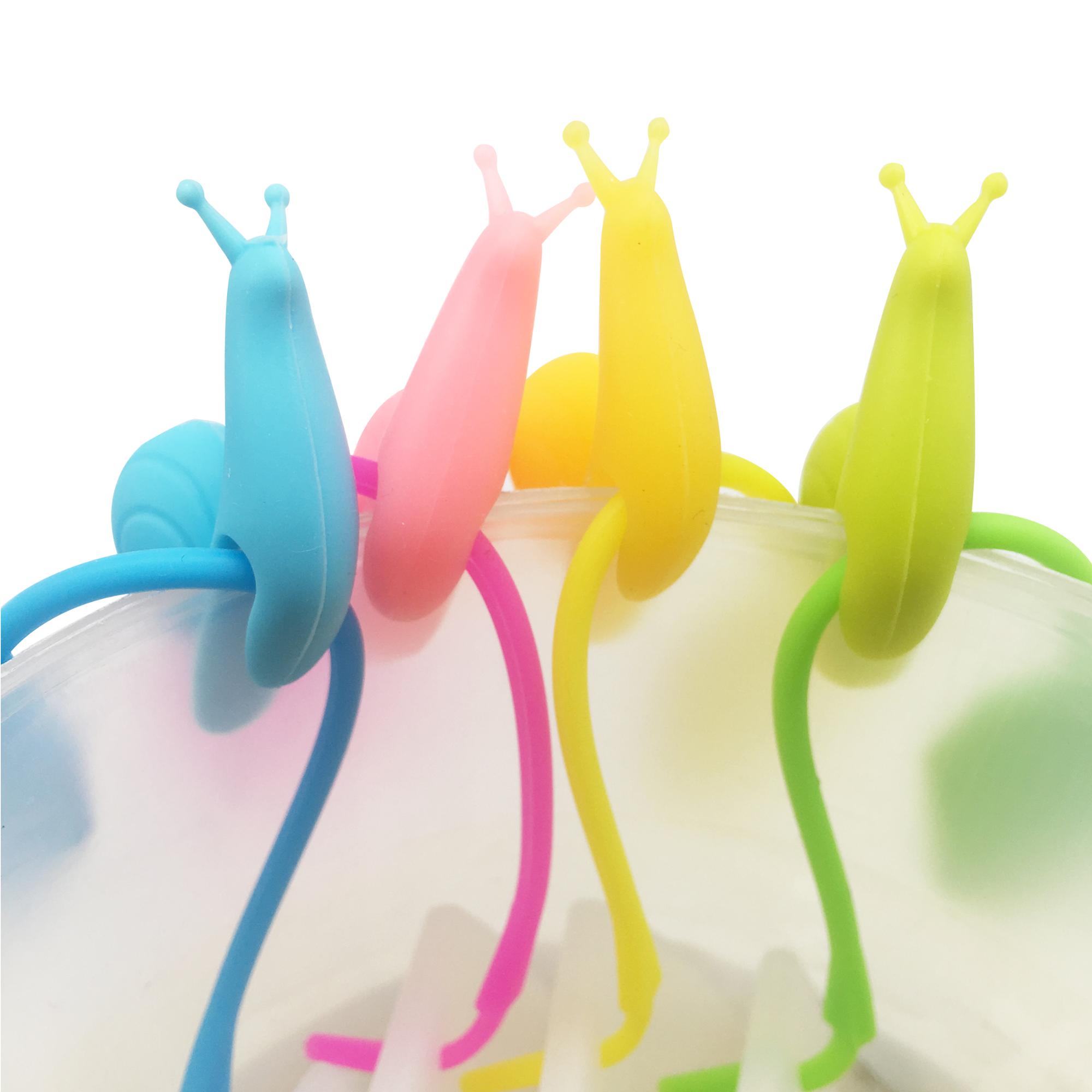 4pcs BPA- Free Custom Logo Printed Colorful Genuine Reusable Silicone Tea Bag Infuser Gift Set with Cute Snail Cup Charms