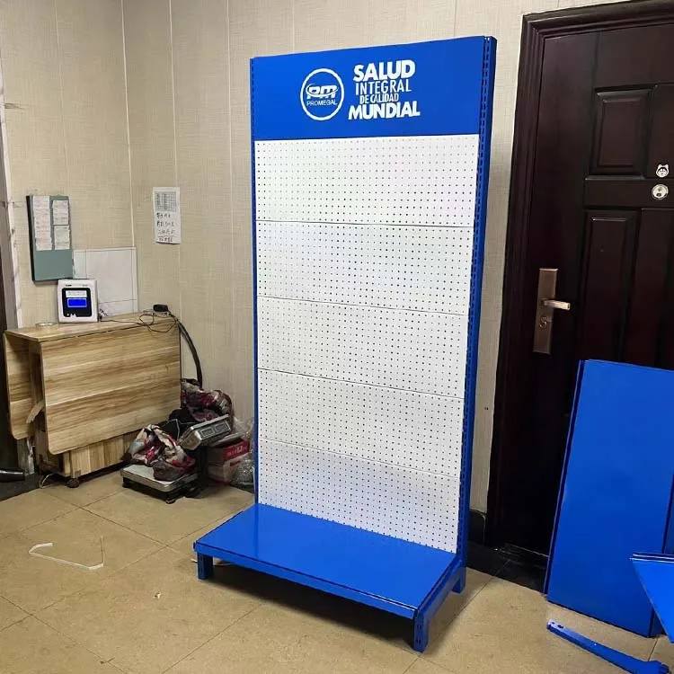 Xingye Factory Custom Size Color metal supermarket shelf perforated back plate display rack