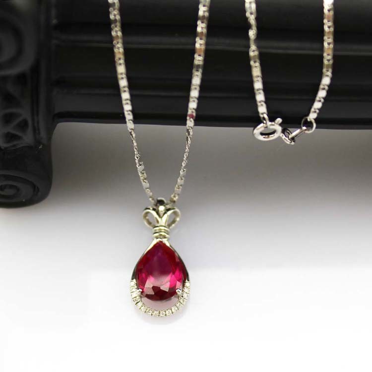 Women Fashion 7mm x 9mm Pear Shaped Ruby Cubic Zirconia Silver Pendant Necklace(P26)