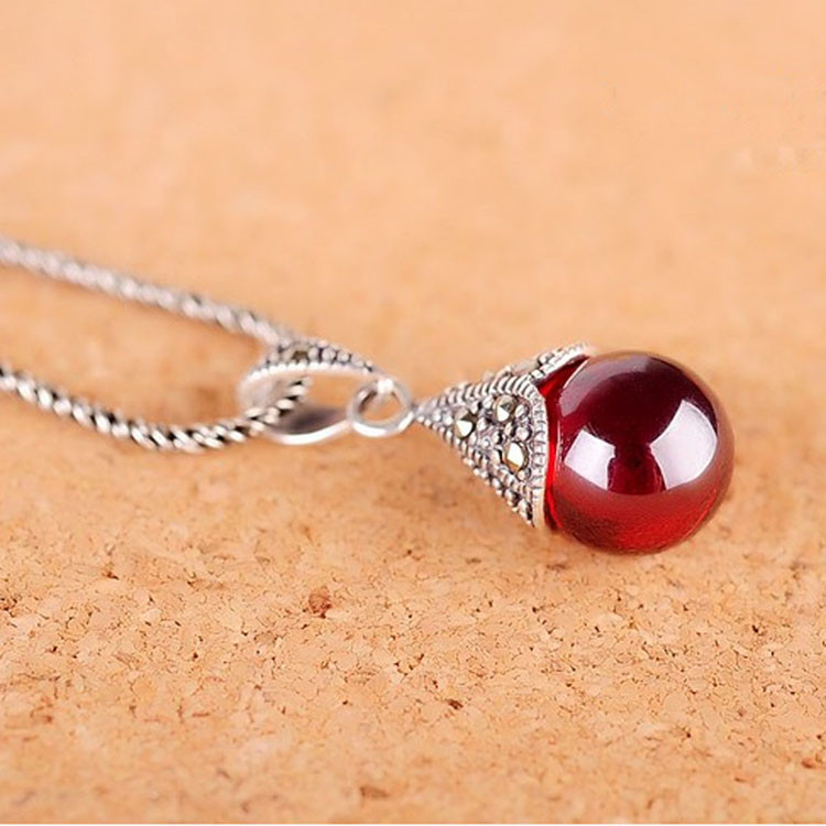 Antique Jewelry 925 Silver Garnet and Marcasite Pendant Necklace 18 Inches(N12032)