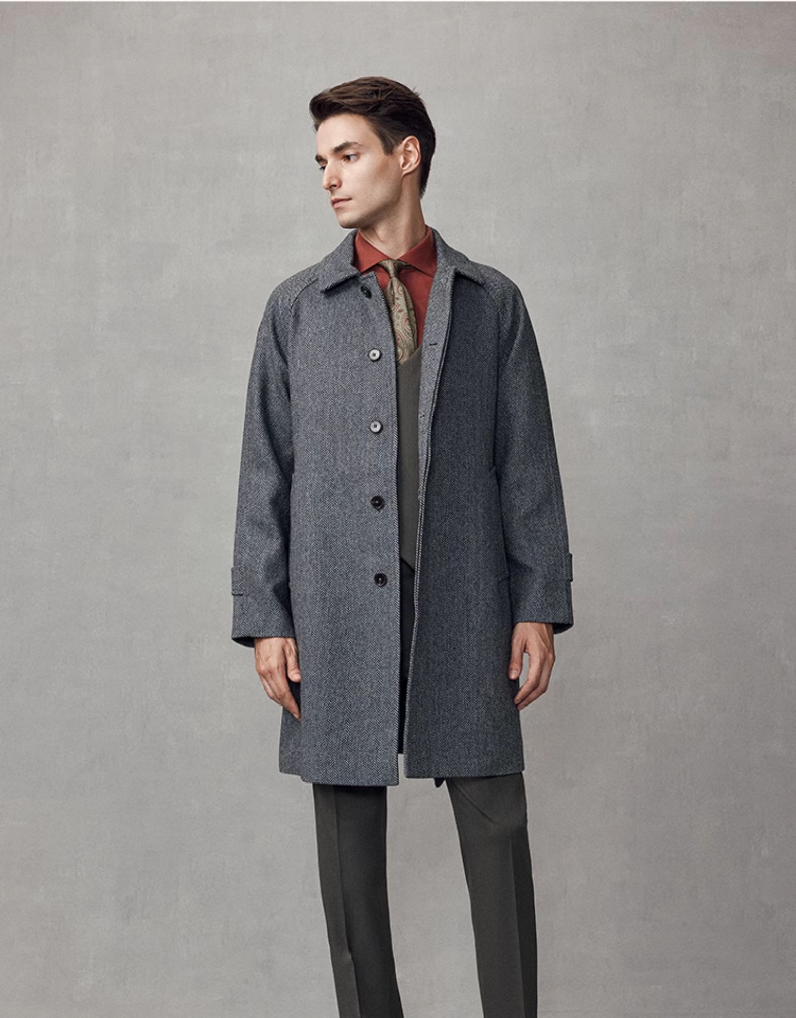 Mid-Length Dark Gray Wool Coat Business Casual Men's Windbreaker with Mandarin Collar