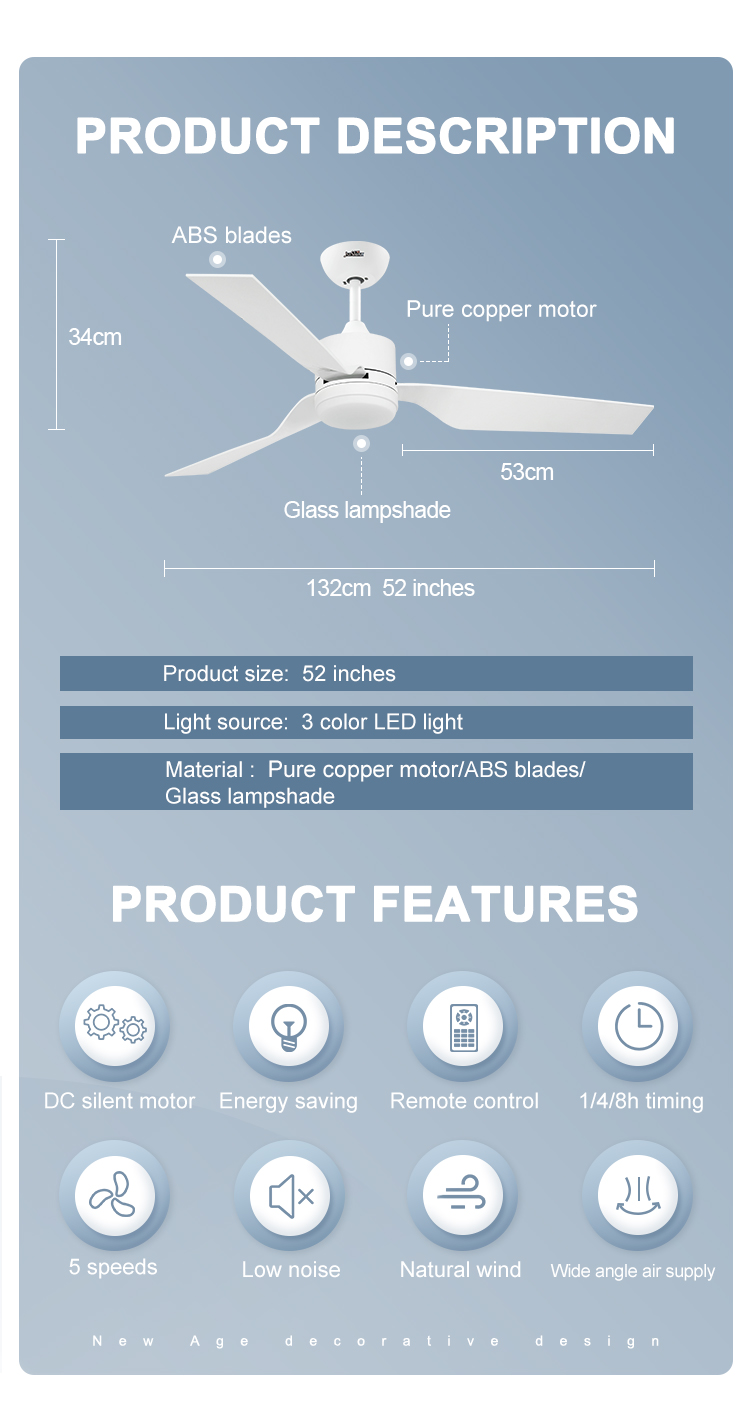 52 inch Modern Design 1stshine LED Ceiling Fan with Dimmable Light and Remote Control