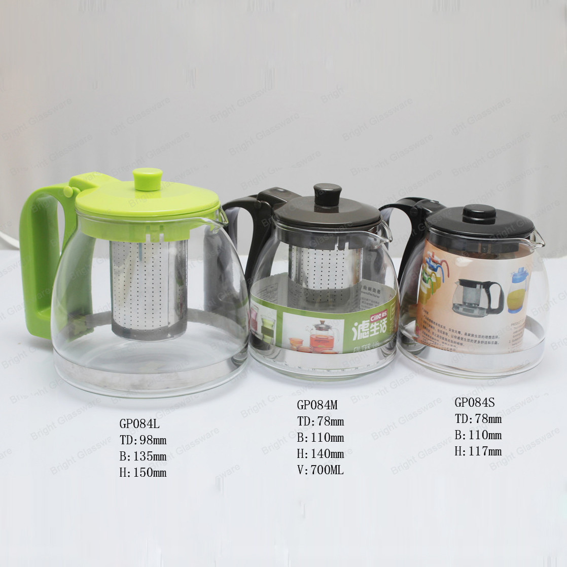 2016 high quality heat resistant glass teapot with stainless steel filter and plastic handle