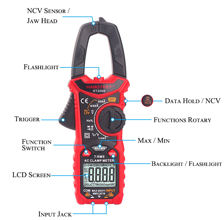 True RMS Auto Range HT206B 60V 60A Clamp Meter Tester